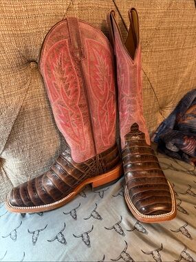 Macie Bean Brown Crocodile-Print Toe with Pink Suede Shaft Cowboy Boots